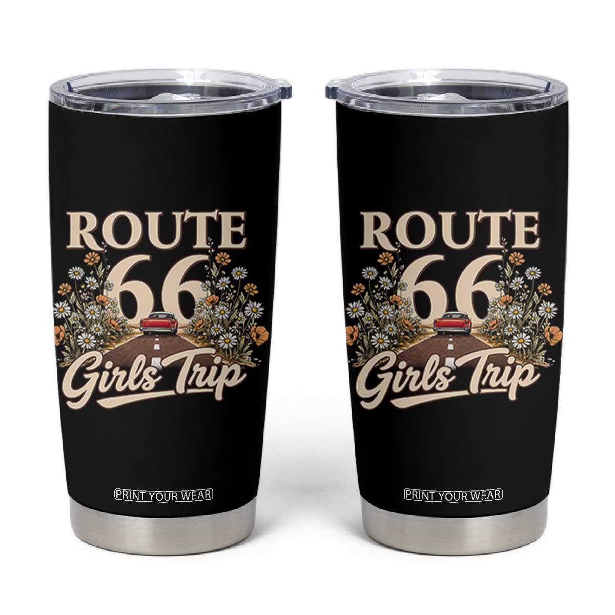 Retro Floral Route Highway 66 Girls Trip Road Trip Tumbler Cup