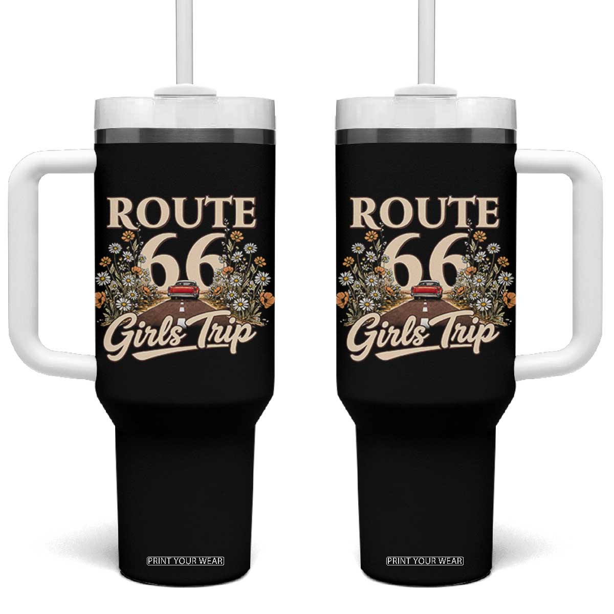 Retro Floral Route Highway 66 Girls Trip Road Trip Tumbler With Handle TS12 One Size: 40 oz Black Print Your Wear