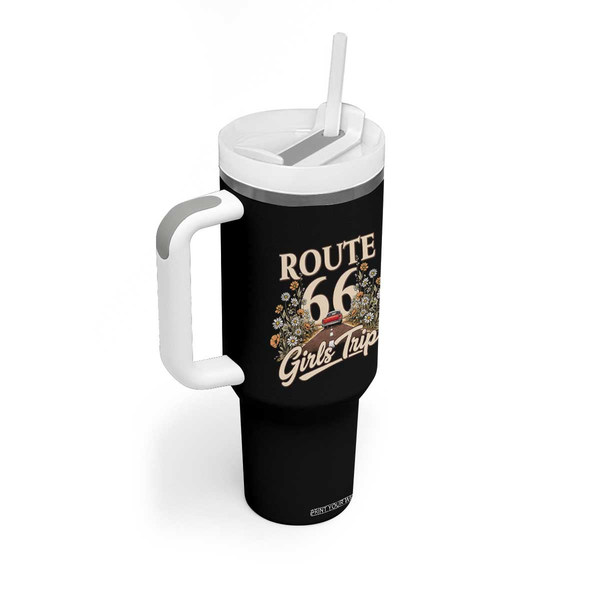 Retro Floral Route Highway 66 Girls Trip Road Trip Tumbler With Handle