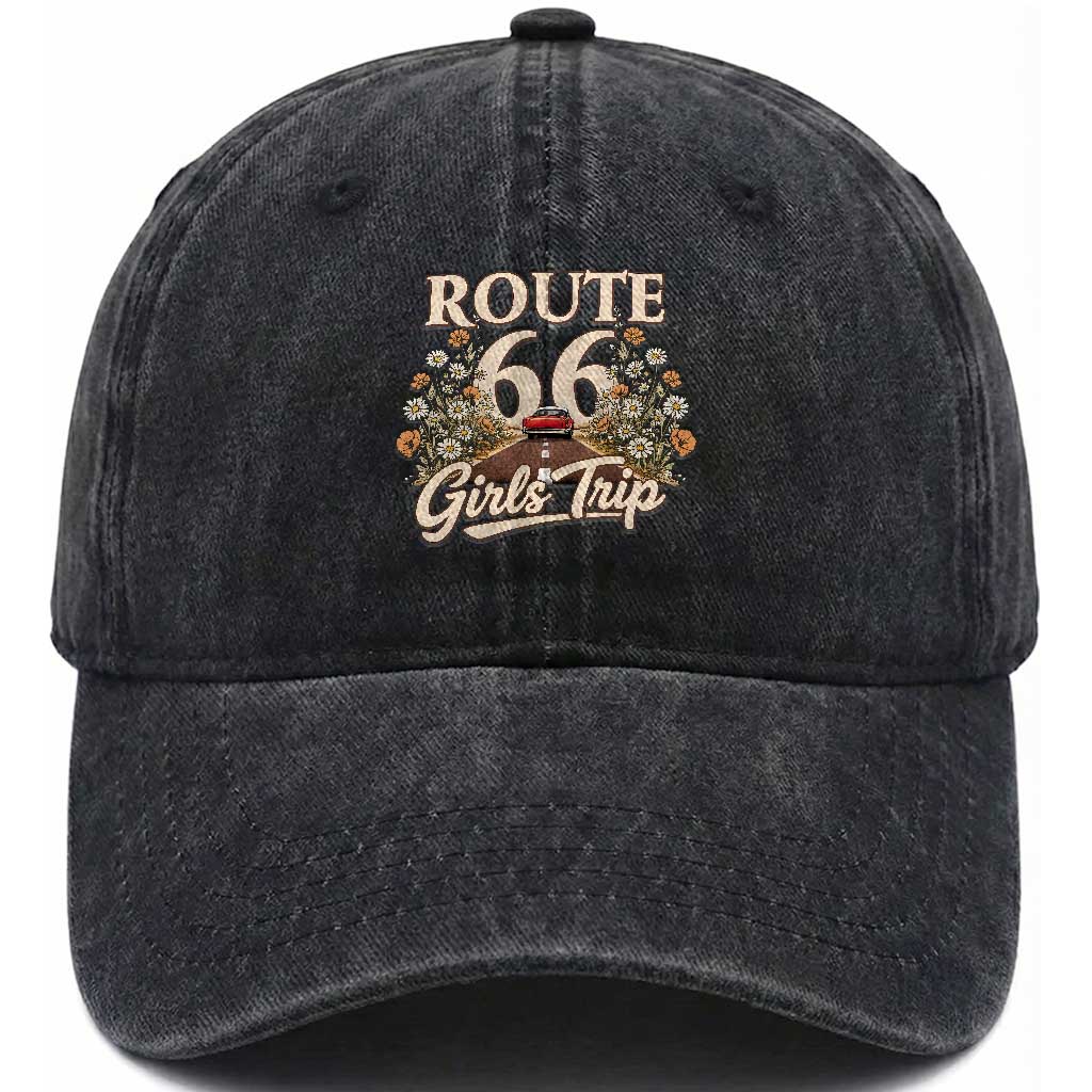 Retro Floral Route Highway 66 Girls Trip Road Trip Washed Cotton Baseball Cap