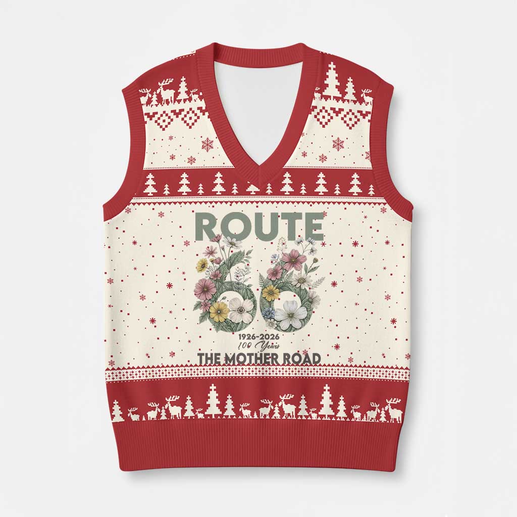Route Highway 66 V-Neck Knit Sweater Vest Floral Centennial 100 Year Anniversary TS12 Beige Red Print Your Wear