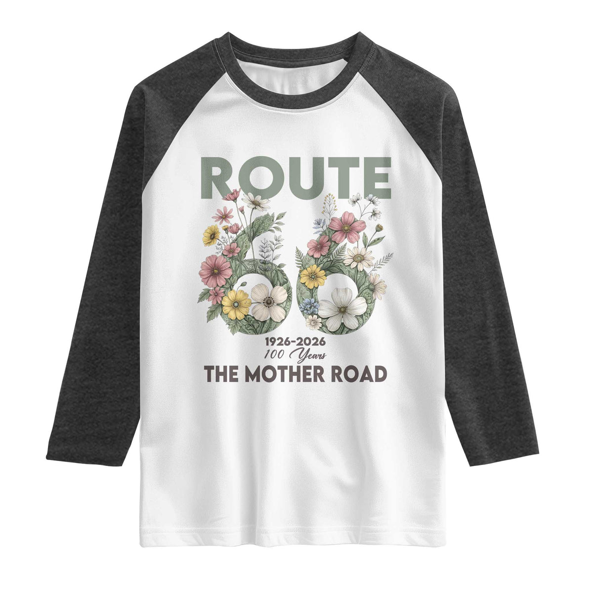 Route Highway 66 Raglan Shirt Floral Centennial 100 Year Anniversary TS12 White Heather Charcoal Print Your Wear