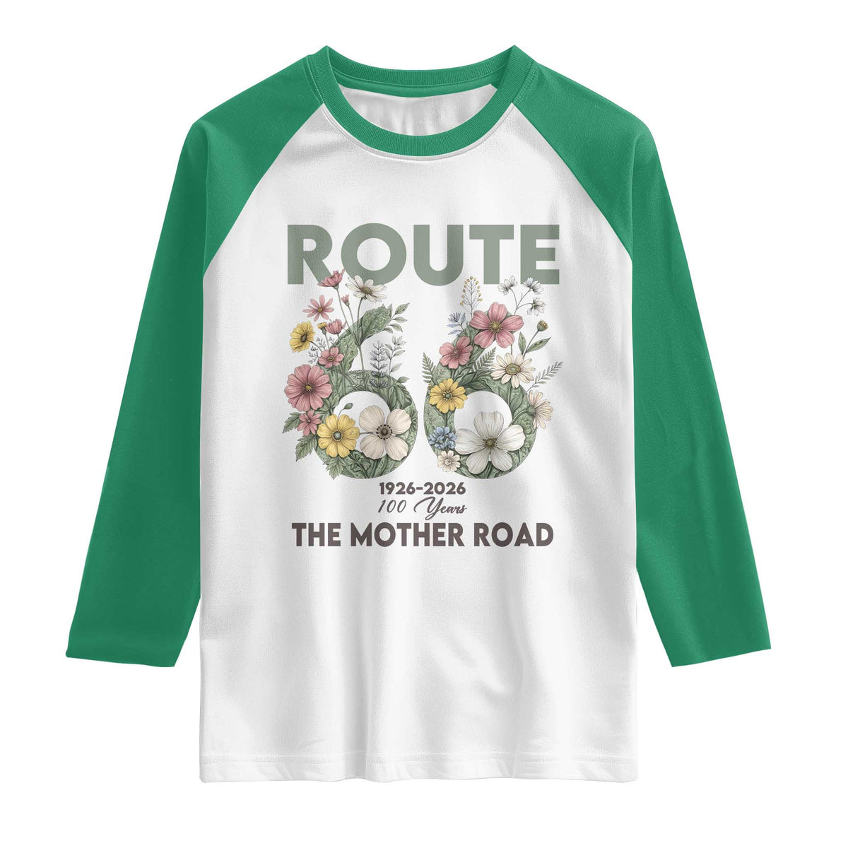 Route Highway 66 Raglan Shirt Floral Centennial 100 Year Anniversary TS12 White Kelly Green Print Your Wear