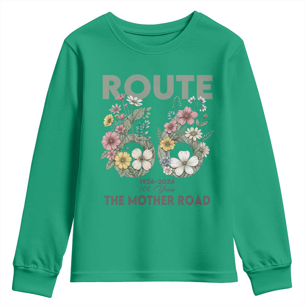 Route Highway 66 Youth Sweatshirt Floral Centennial 100 Year Anniversary TS12 Irish Green Print Your Wear