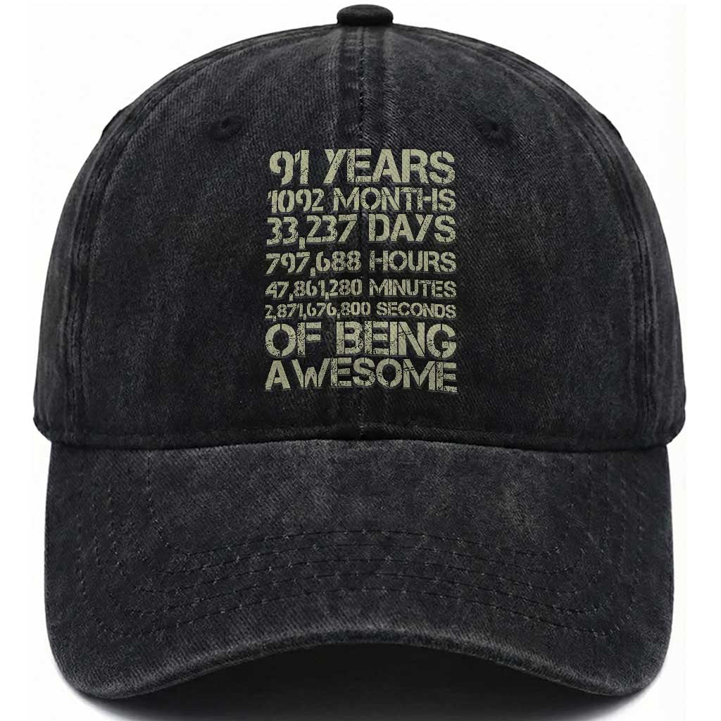 Vintage 91st Milestone Birthday Washed Cotton Baseball Cap 91 Years Of Being Awesome