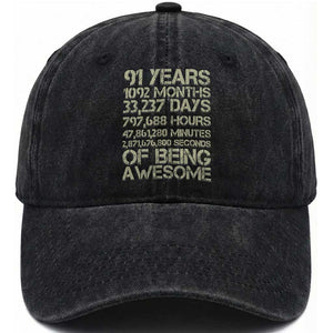 Vintage 91st Milestone Birthday Washed Cotton Baseball Cap 91 Years Of Being Awesome