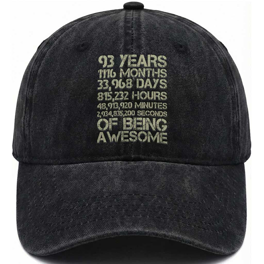Vintage 93rd Milestone Birthday Washed Cotton Baseball Cap 93 Years Of Being Awesome
