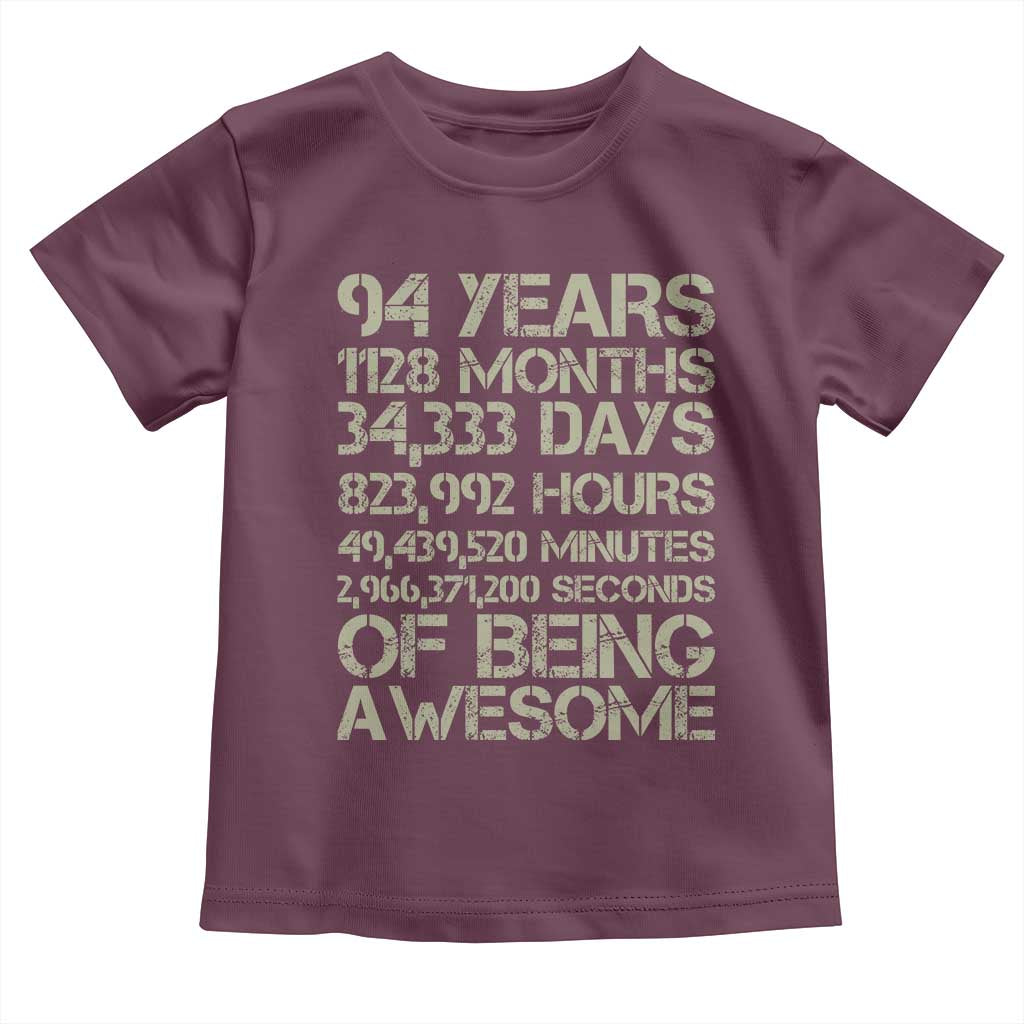 Vintage 94th Milestone Birthday Toddler T Shirt 94 Years Of Being Awesome