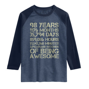 Vintage 98th Milestone Birthday Raglan Shirt 98 Years Of Being Awesome