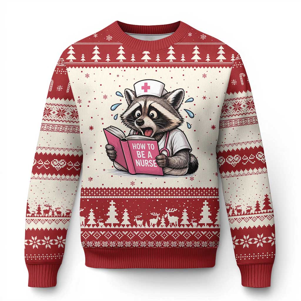 Funny Raccoon Nursing Student Healthcare Gift Ugly Christmas Sweater TS12 Beige Red Print Your Wear