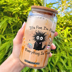 Funny Stressed Black Cat Nursing Student Life Glass Can ts Fine Im Fine Everything Is Fine