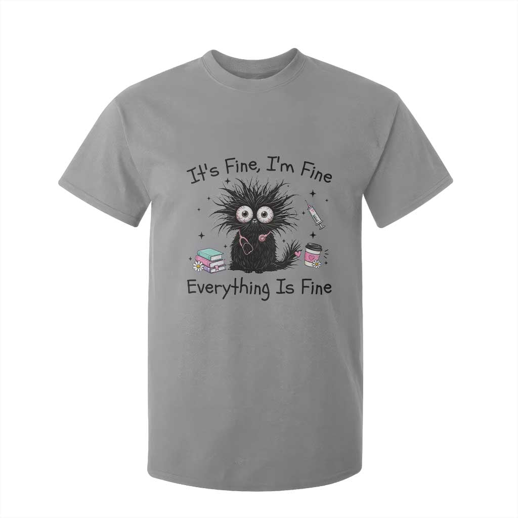 Funny Stressed Black Cat Nursing Student Life T Shirt For Kid ts Fine Im Fine Everything Is Fine