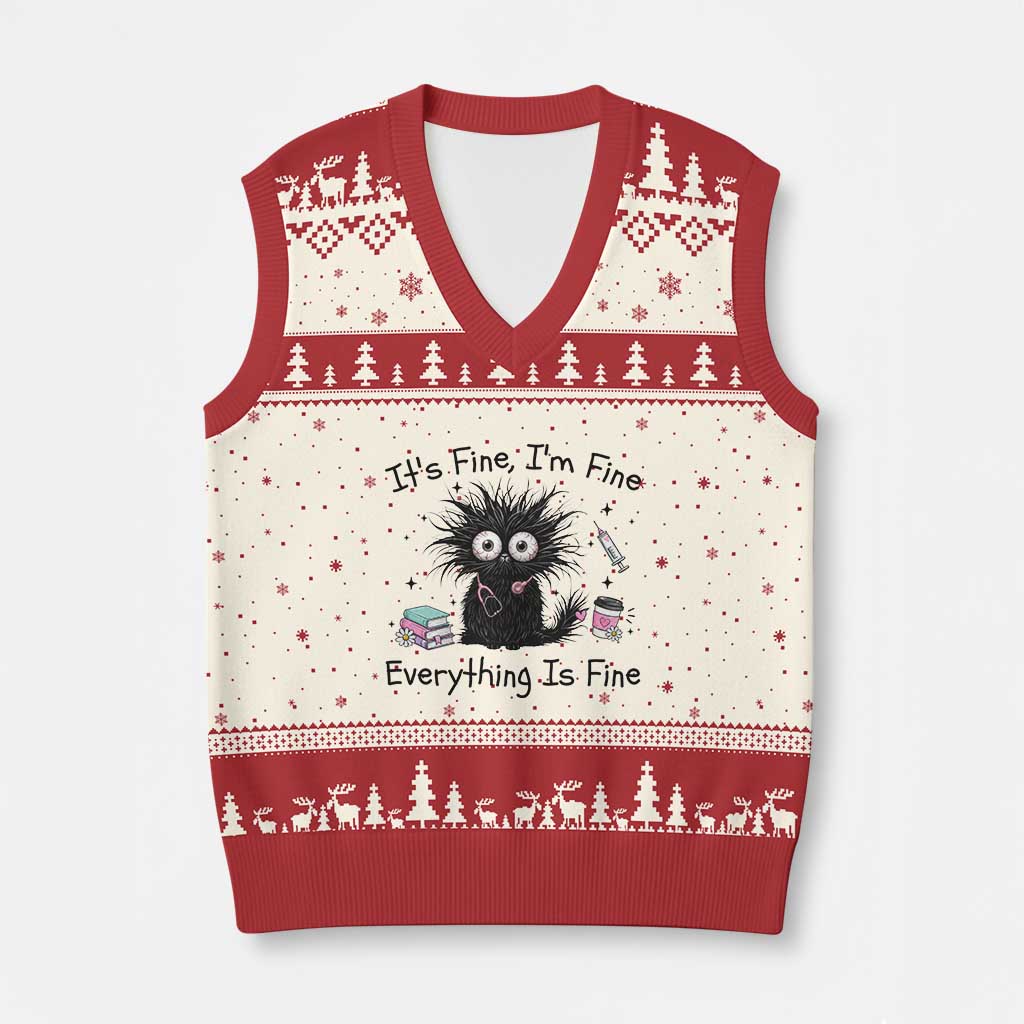 Funny Stressed Black Cat Nursing Student Life V-Neck Knit Sweater Vest ts Fine Im Fine Everything Is Fine TS12 Beige Red Print Your Wear
