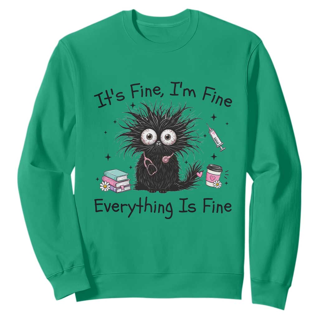 Funny Stressed Black Cat Nursing Student Life Sweatshirt ts Fine Im Fine Everything Is Fine