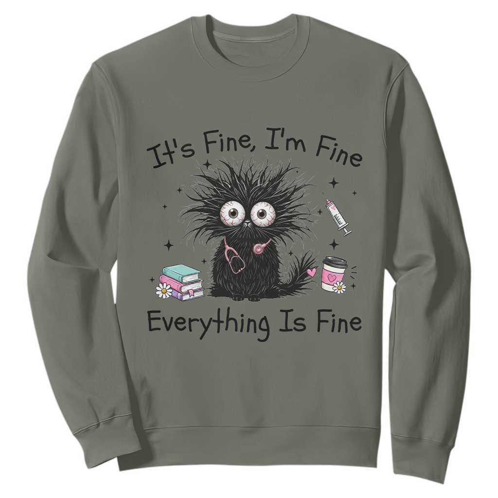 Funny Stressed Black Cat Nursing Student Life Sweatshirt ts Fine Im Fine Everything Is Fine