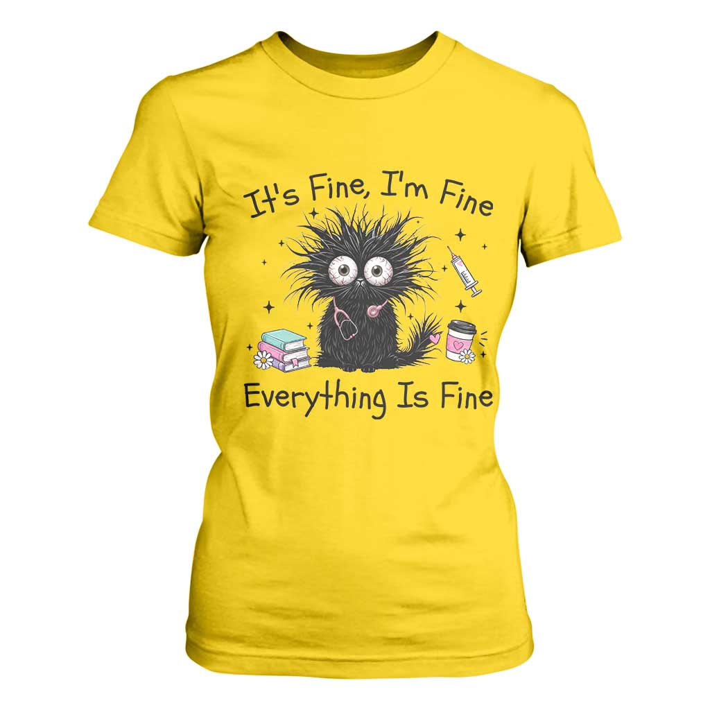 Funny Stressed Black Cat Nursing Student Life T Shirt For Women ts Fine Im Fine Everything Is Fine