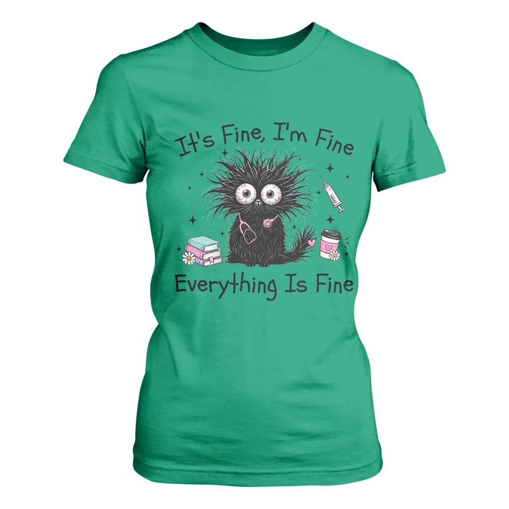 Funny Stressed Black Cat Nursing Student Life T Shirt For Women ts Fine Im Fine Everything Is Fine