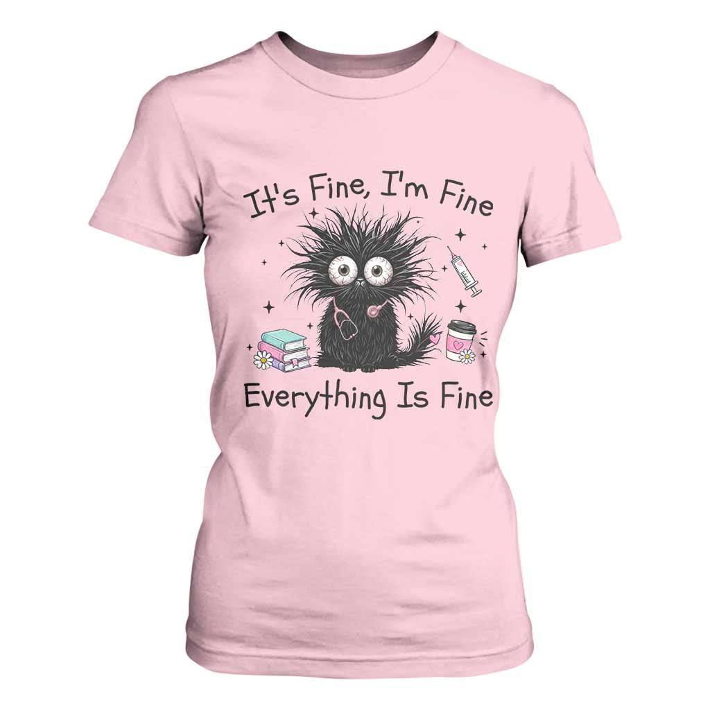 Funny Stressed Black Cat Nursing Student Life T Shirt For Women ts Fine Im Fine Everything Is Fine