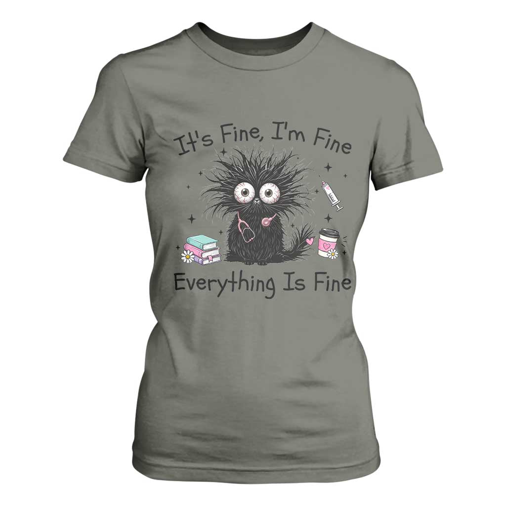 Funny Stressed Black Cat Nursing Student Life T Shirt For Women ts Fine Im Fine Everything Is Fine