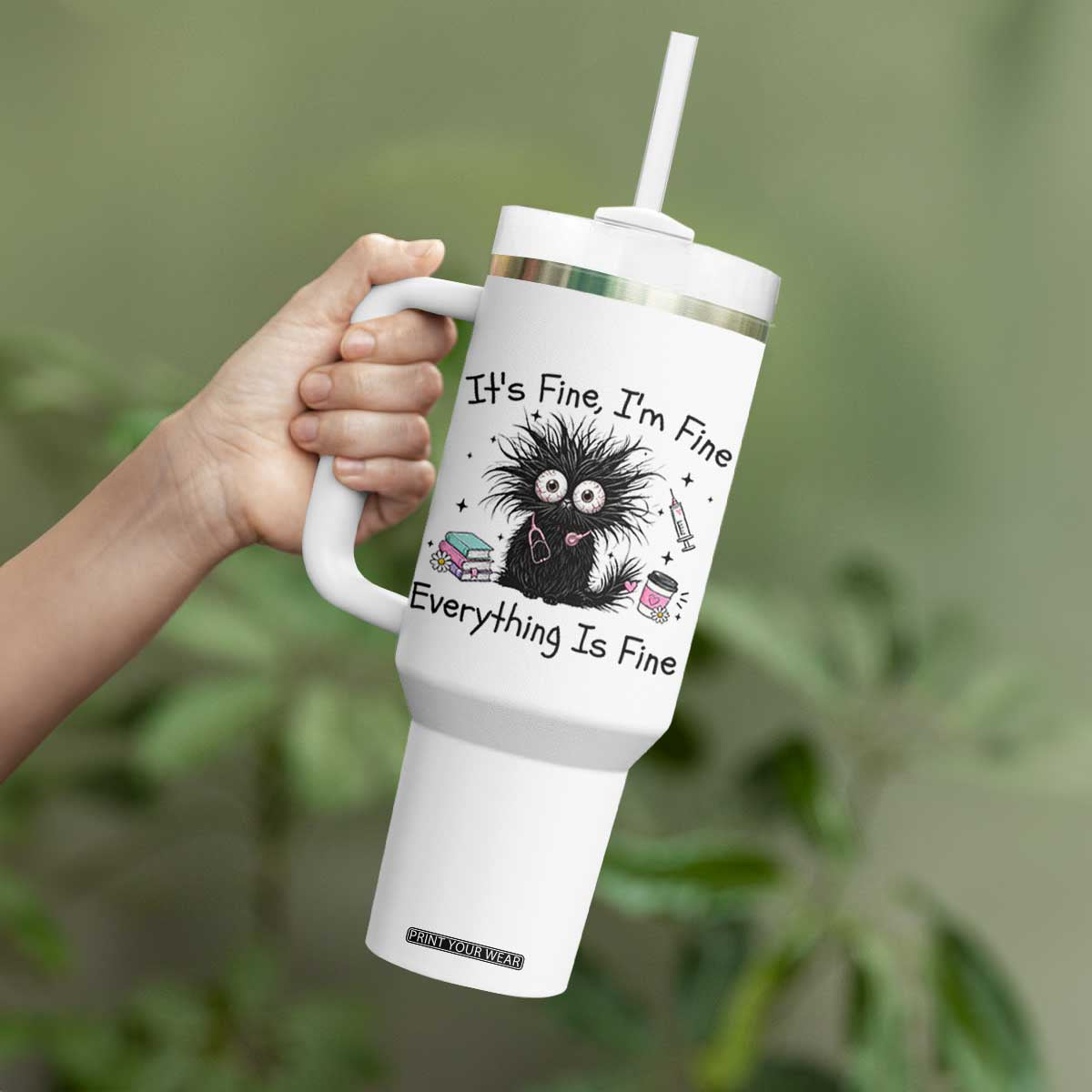 Funny Stressed Black Cat Nursing Student Life Tumbler With Handle ts Fine Im Fine Everything Is Fine
