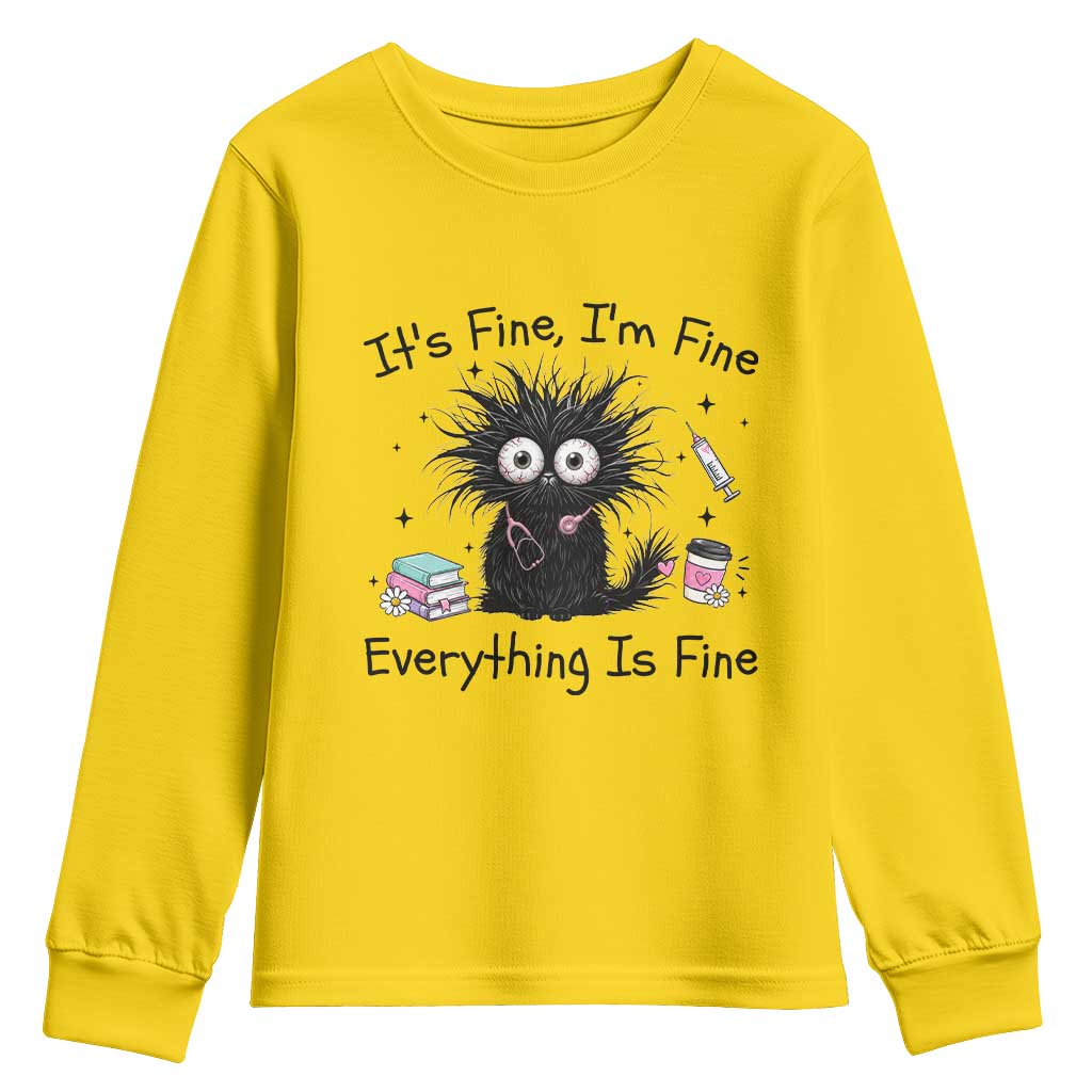 Funny Stressed Black Cat Nursing Student Life Youth Sweatshirt ts Fine Im Fine Everything Is Fine