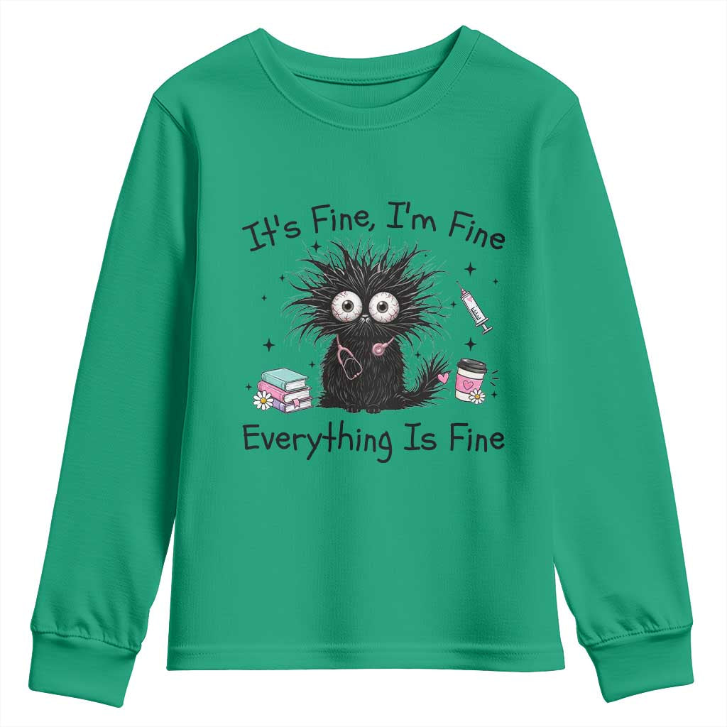 Funny Stressed Black Cat Nursing Student Life Youth Sweatshirt ts Fine Im Fine Everything Is Fine