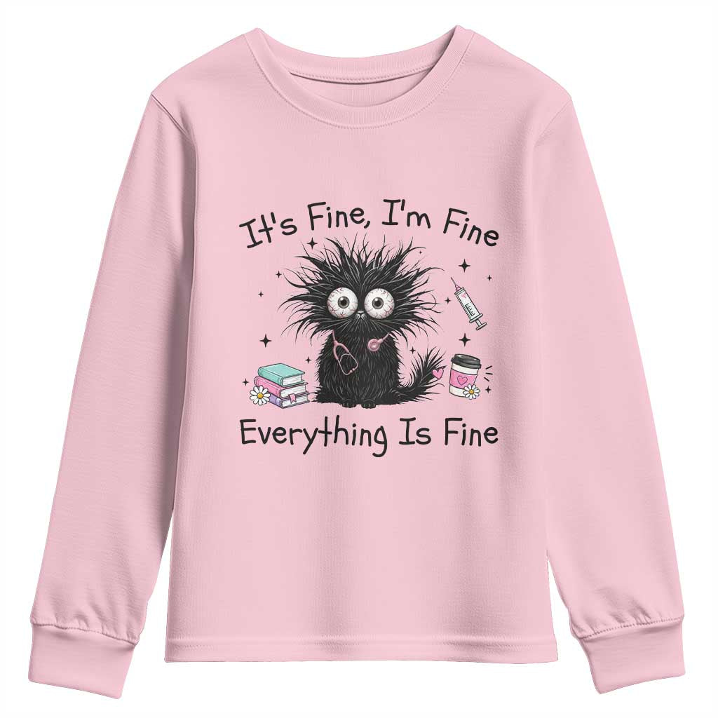 Funny Stressed Black Cat Nursing Student Life Youth Sweatshirt ts Fine Im Fine Everything Is Fine