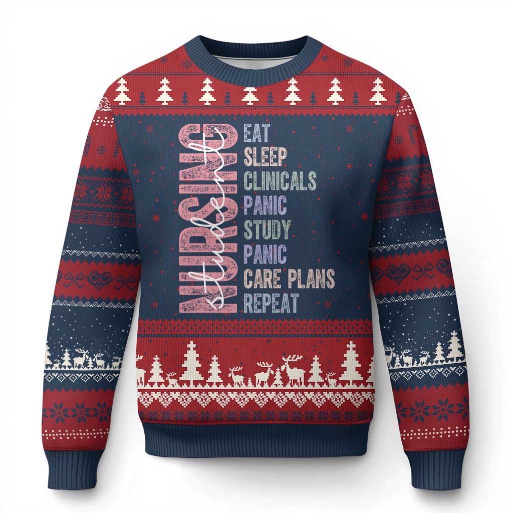Funny Student Nurse Life Ugly Christmas Sweater Eat Sleep Clinicals Panic Study Repeat TS12 Navy Red Print Your Wear