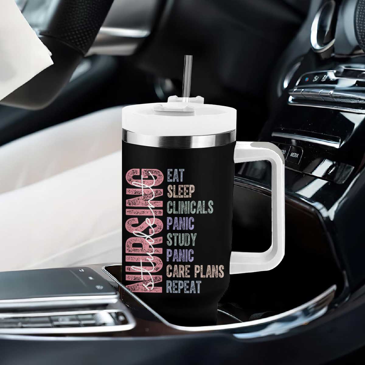 Funny Student Nurse Life Tumbler With Handle Eat Sleep Clinicals Panic Study Repeat