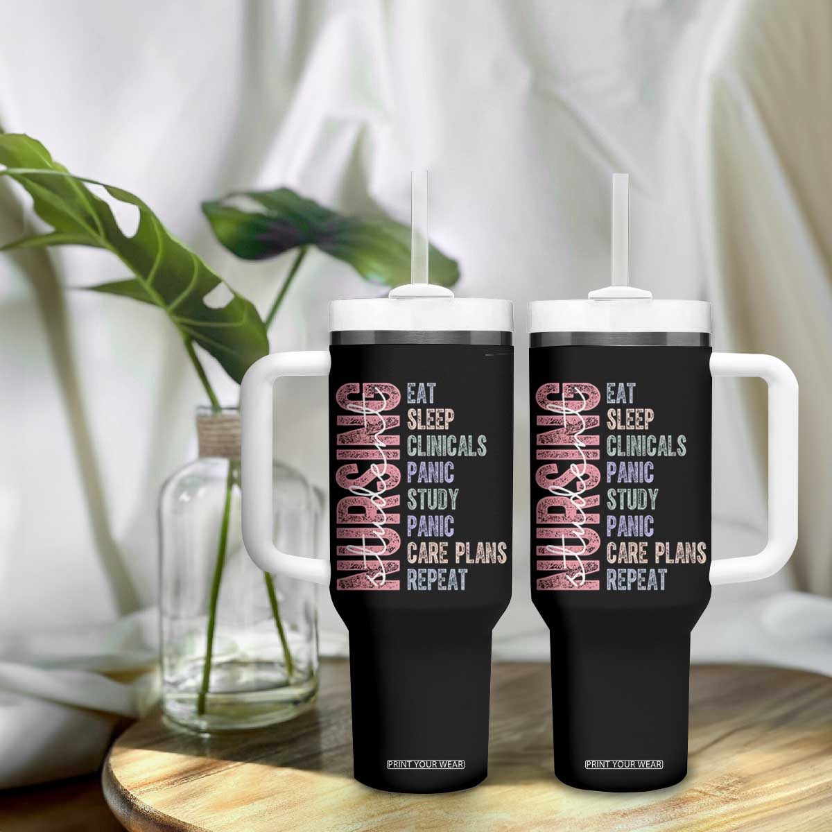 Funny Student Nurse Life Tumbler With Handle Eat Sleep Clinicals Panic Study Repeat