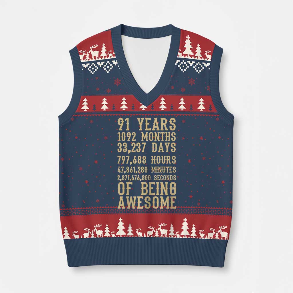 Vintage 91st Birthday Gift V-Neck Knit Sweater Vest 91 Years Of Being Awesome TS12 Navy Red Print Your Wear
