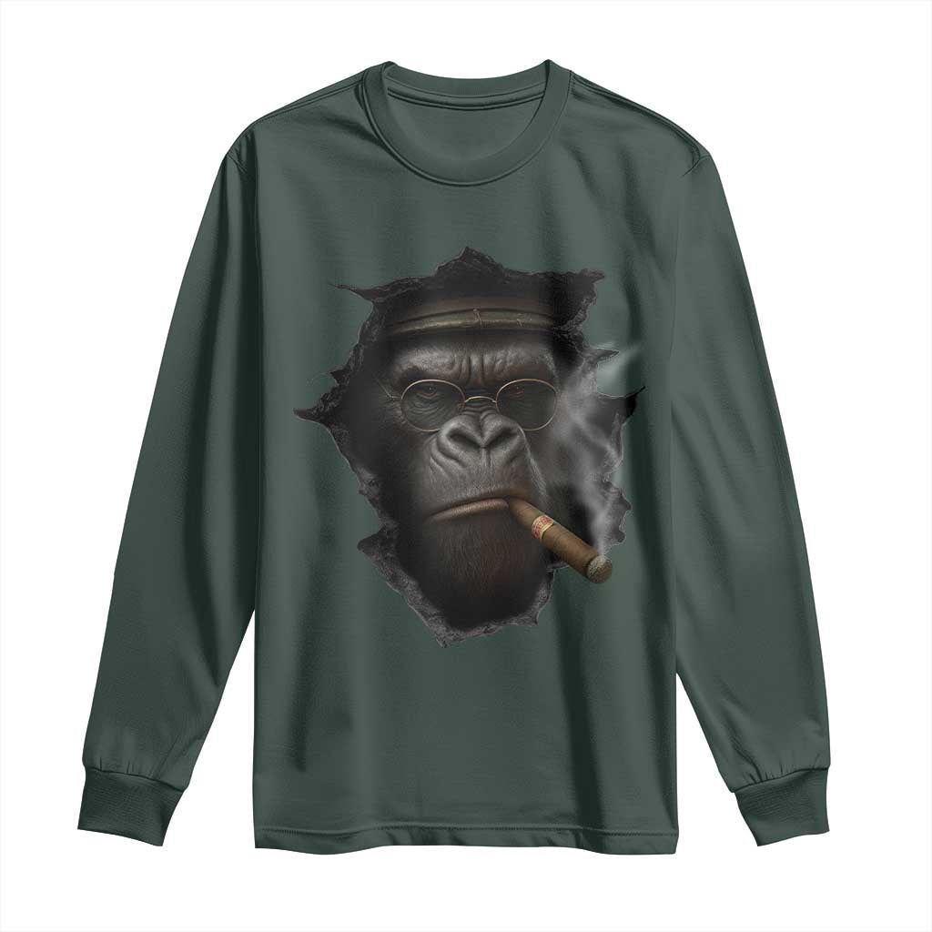 Cool Gorilla With Cigar Long Sleeve Shirt Animal Lover Gift TS12 Dark Forest Green Print Your Wear