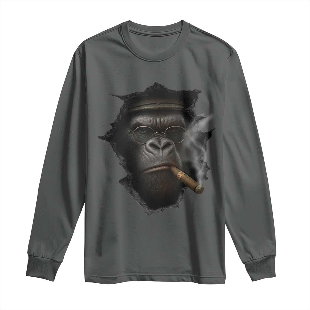 Cool Gorilla With Cigar Long Sleeve Shirt Animal Lover Gift TS12 Dark Heather Print Your Wear