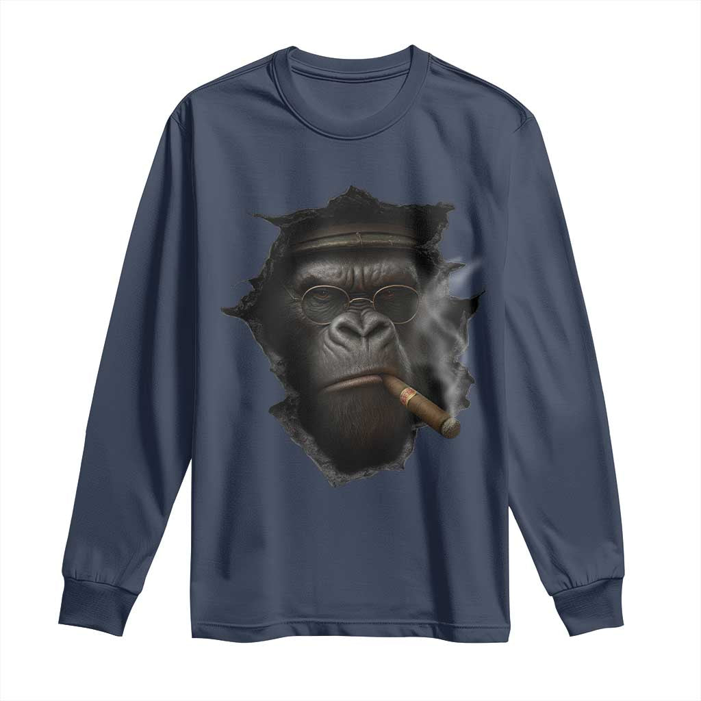 Cool Gorilla With Cigar Long Sleeve Shirt Animal Lover Gift TS12 Navy Print Your Wear