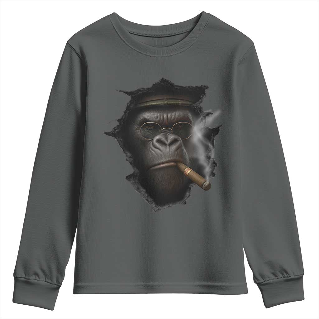 Cool Gorilla With Cigar Youth Sweatshirt Animal Lover Gift TS12 Dark Heather Print Your Wear