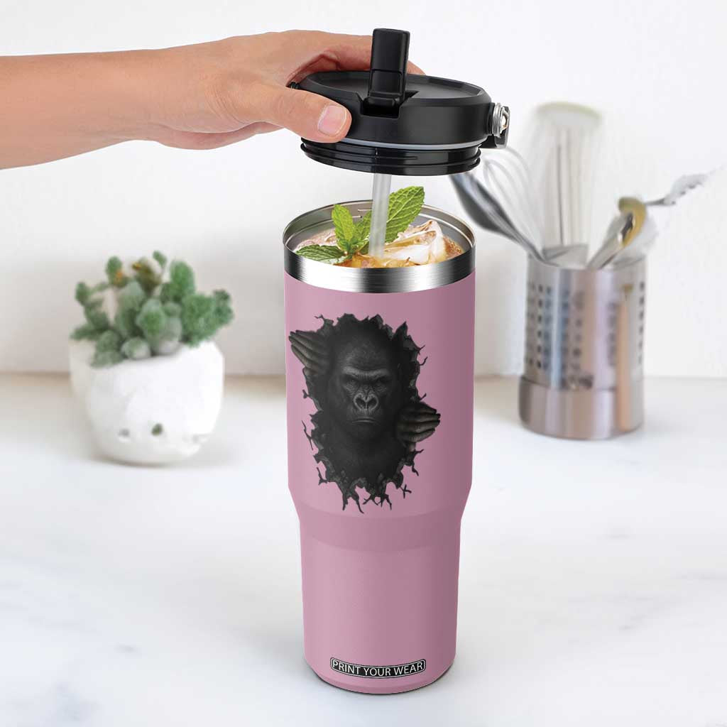 Angry Gorilla Face On Cracked Wall Flip Straw Tumbler Animal Lover Gift TS12 One Size: 30 oz Light Pink Print Your Wear