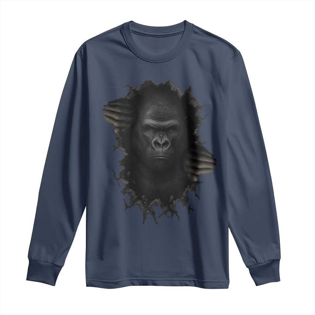 Angry Gorilla Face On Cracked Wall Long Sleeve Shirt Animal Lover Gift TS12 Navy Print Your Wear