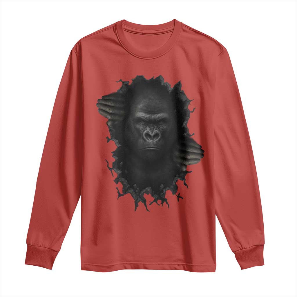 Angry Gorilla Face On Cracked Wall Long Sleeve Shirt Animal Lover Gift TS12 Red Print Your Wear