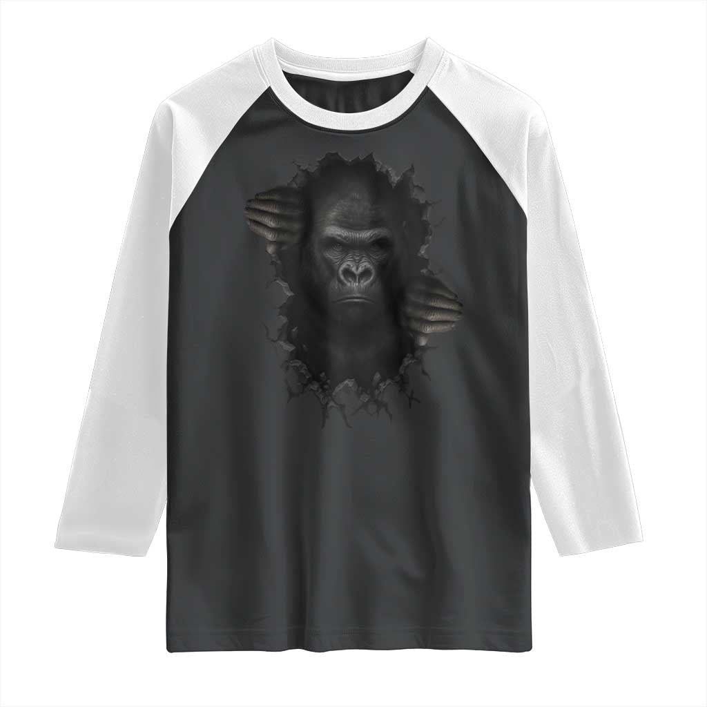 Angry Gorilla Face On Cracked Wall Raglan Shirt Animal Lover Gift TS12 Black White Print Your Wear