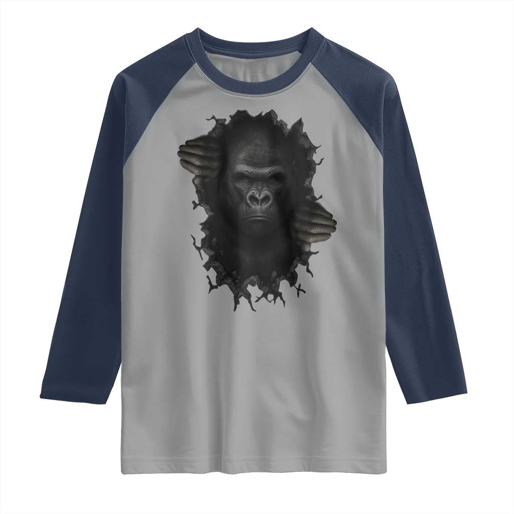 Angry Gorilla Face On Cracked Wall Raglan Shirt Animal Lover Gift TS12 Sport Gray Navy Print Your Wear