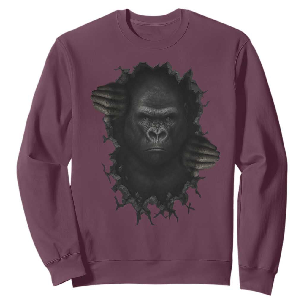 Angry Gorilla Face On Cracked Wall Sweatshirt Animal Lover Gift TS12 Maroon Print Your Wear