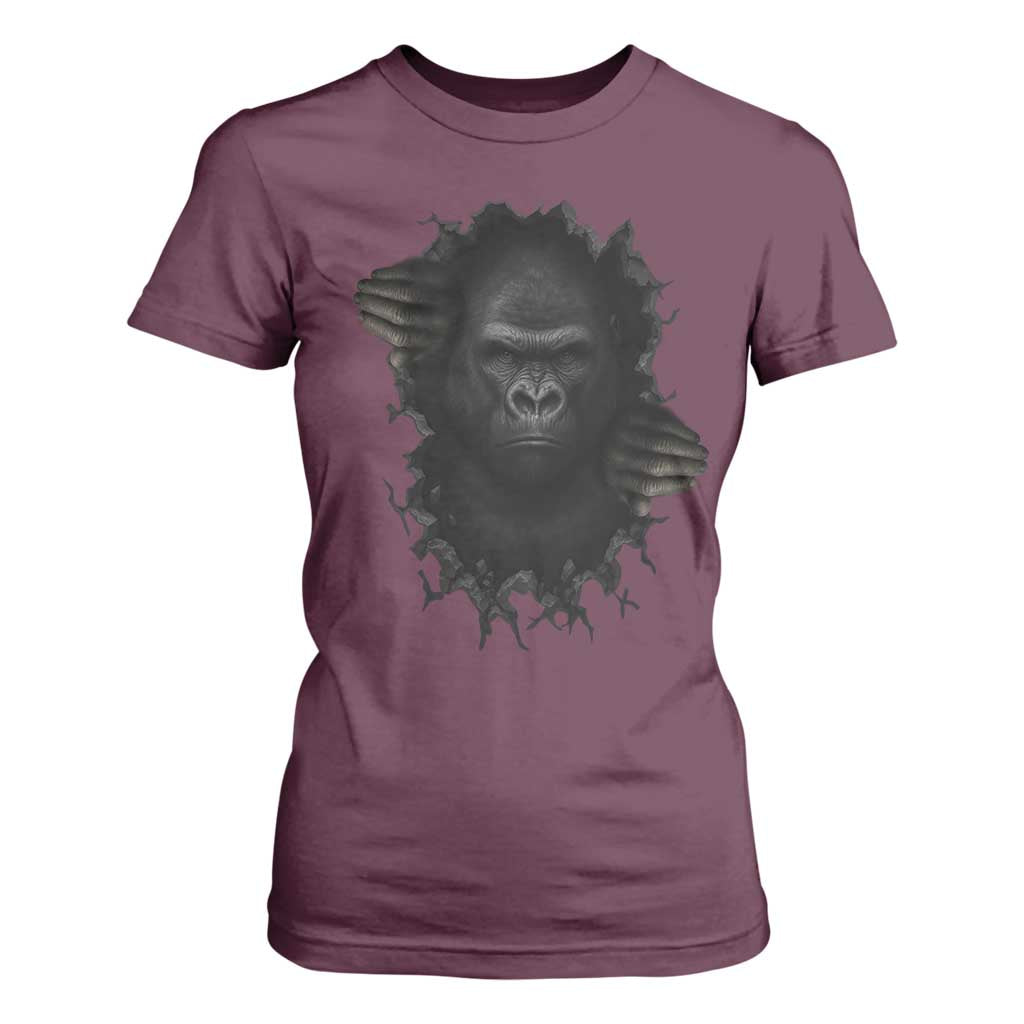 Angry Gorilla Face On Cracked Wall T Shirt For Women Animal Lover Gift TS12 Maroon Print Your Wear