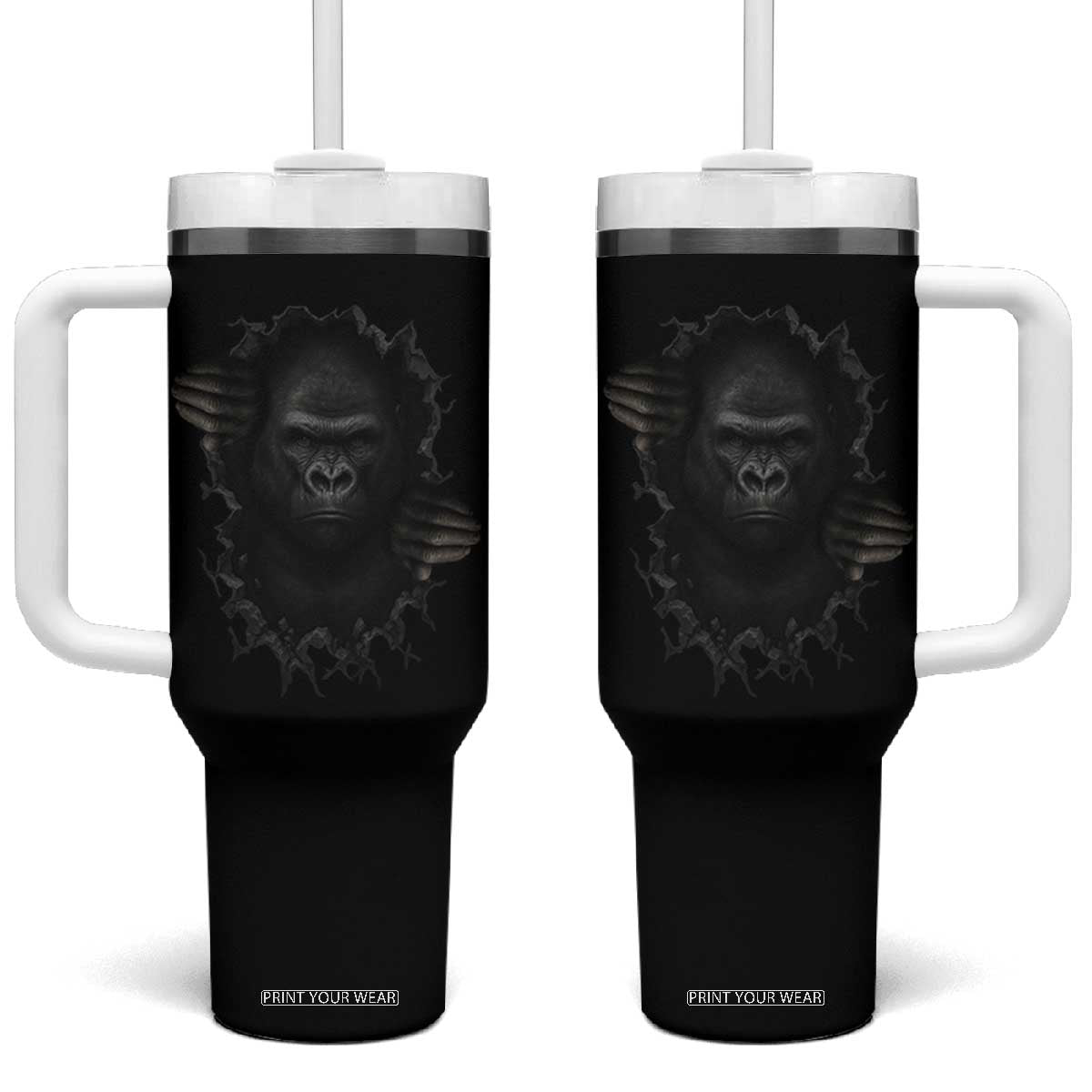 Angry Gorilla Face On Cracked Wall Tumbler With Handle Animal Lover Gift TS12 One Size: 40 oz Black Print Your Wear