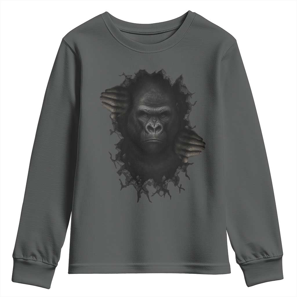 Angry Gorilla Face On Cracked Wall Youth Sweatshirt Animal Lover Gift TS12 Dark Heather Print Your Wear