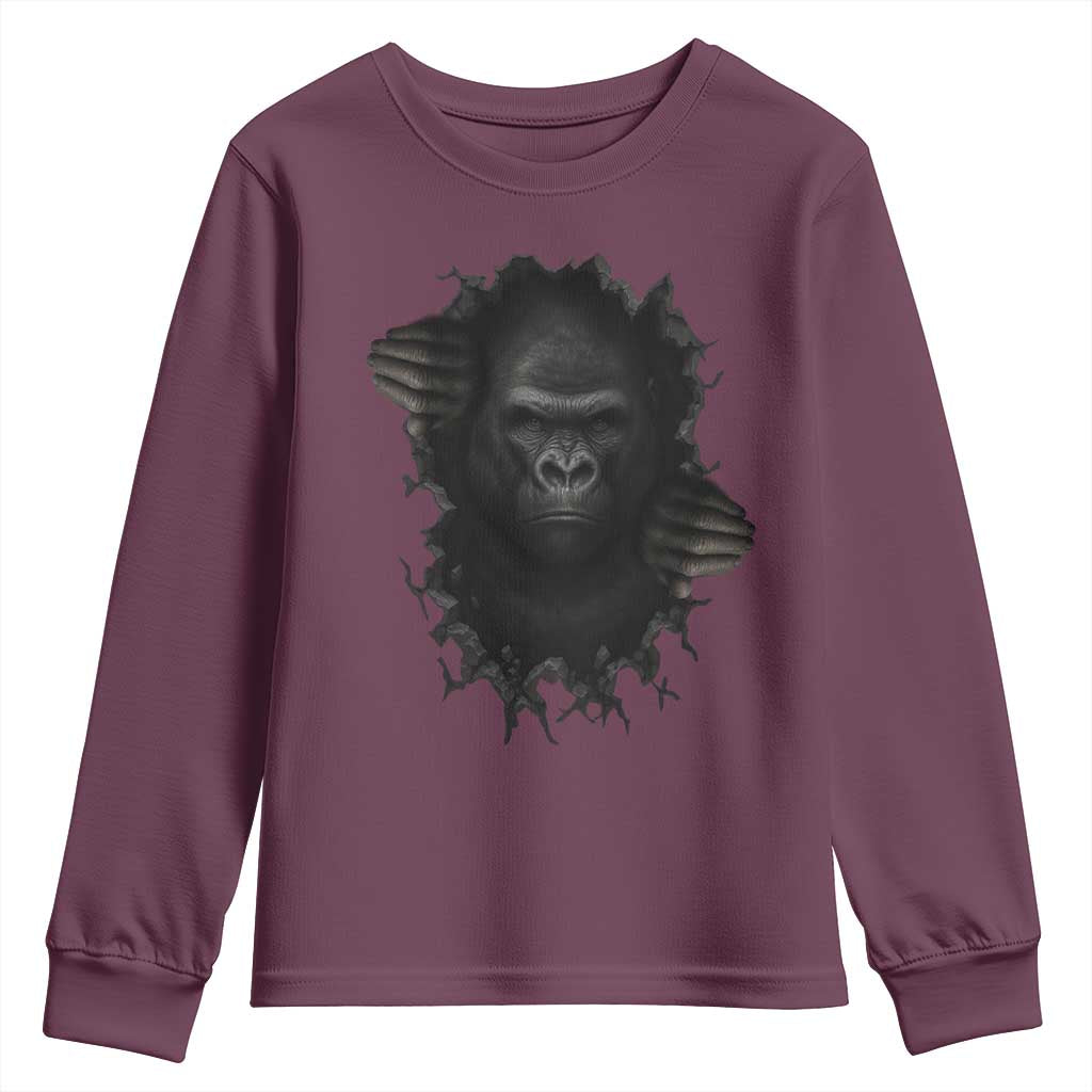 Angry Gorilla Face On Cracked Wall Youth Sweatshirt Animal Lover Gift TS12 Maroon Print Your Wear