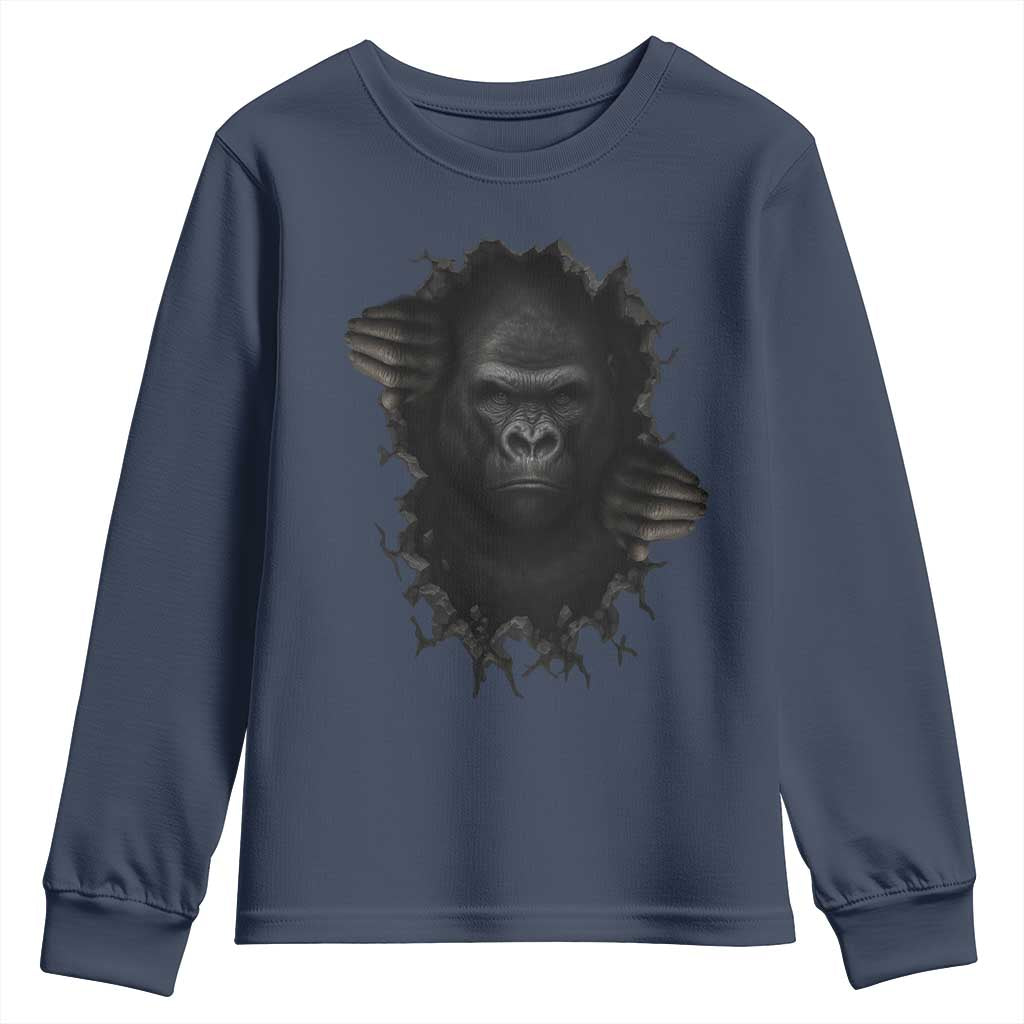 Angry Gorilla Face On Cracked Wall Youth Sweatshirt Animal Lover Gift TS12 Navy Print Your Wear