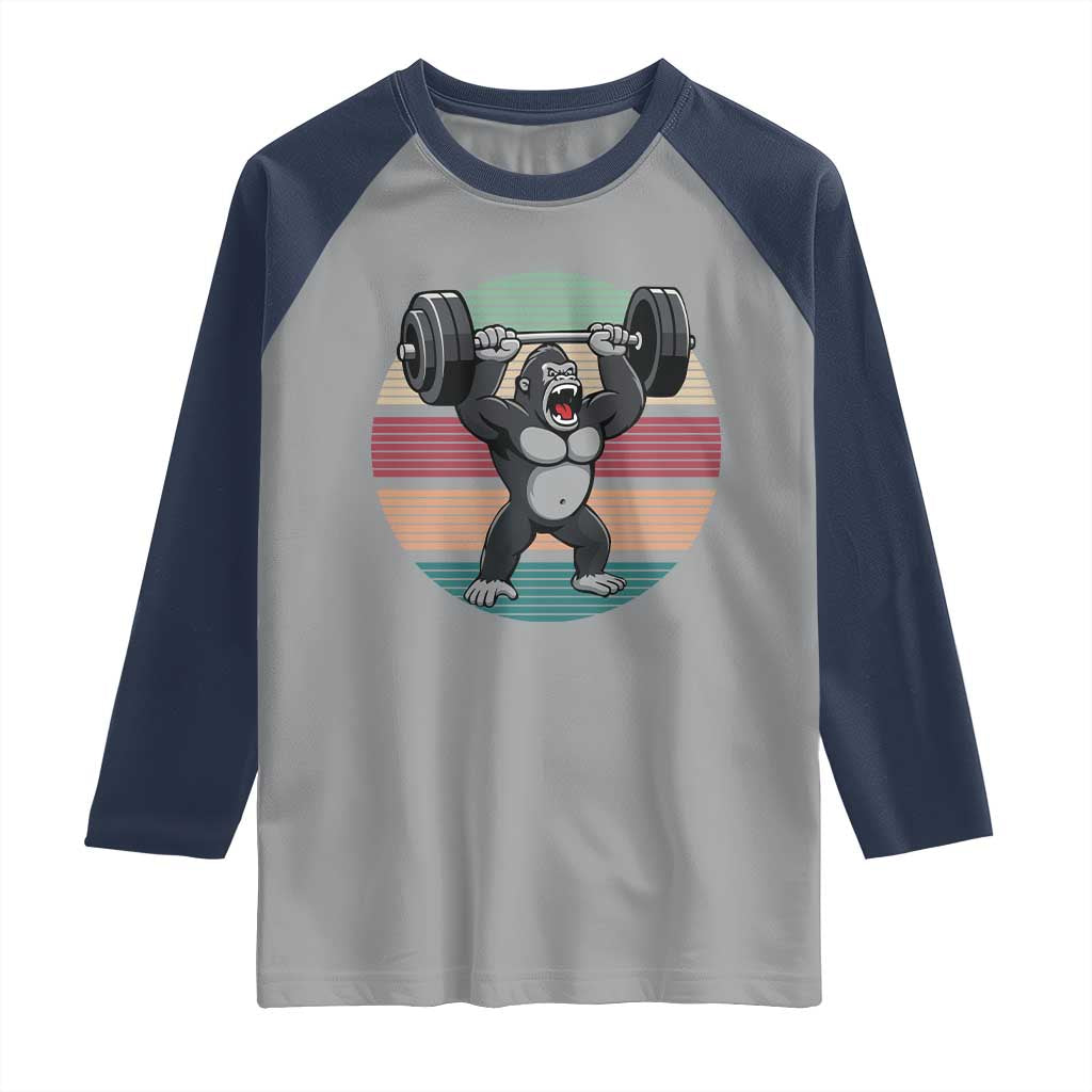 Fitness Lover Gift Raglan Shirt Powerlifting Gorilla Strength TS12 Sport Gray Navy Print Your Wear