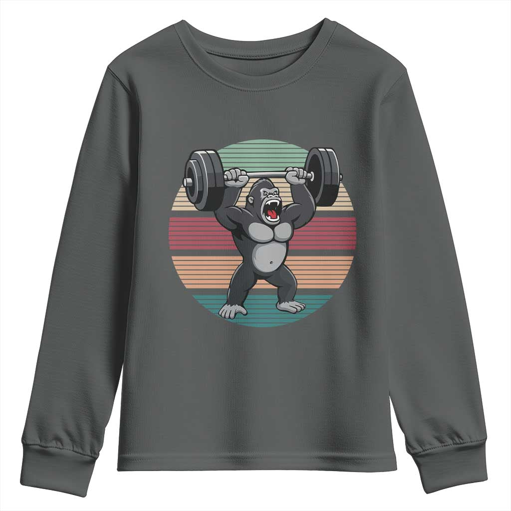 Fitness Lover Gift Youth Sweatshirt Powerlifting Gorilla Strength TS12 Dark Heather Print Your Wear