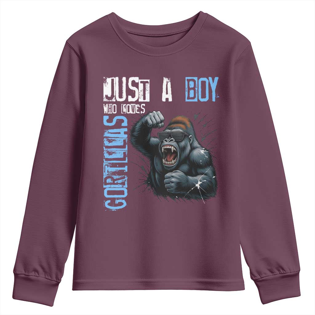 Just A Boy Who Loves Gorillas Youth Sweatshirt Gorilla Lover Gift TS12 Maroon Print Your Wear