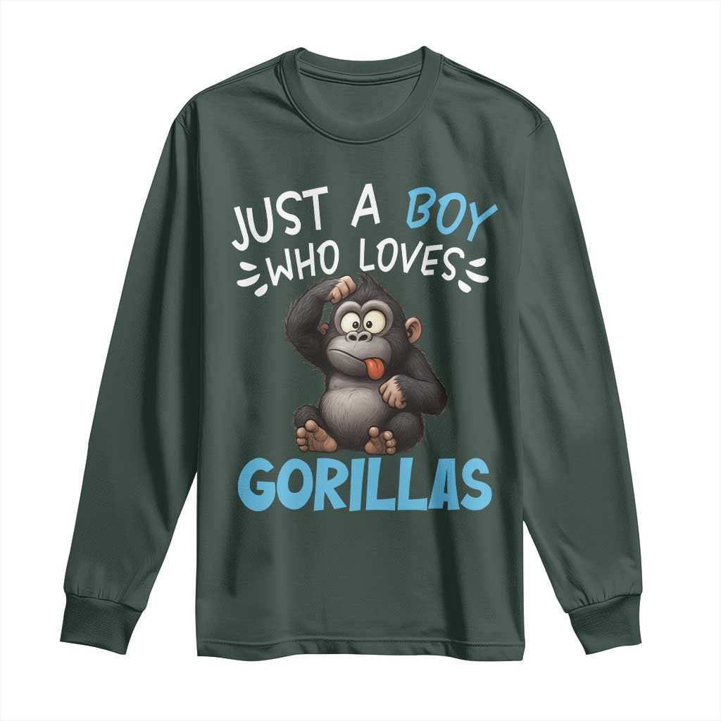 Funny Gorilla Lover Gift Long Sleeve Shirt Just A Boy Who Loves Gorillas TS12 Dark Forest Green Print Your Wear